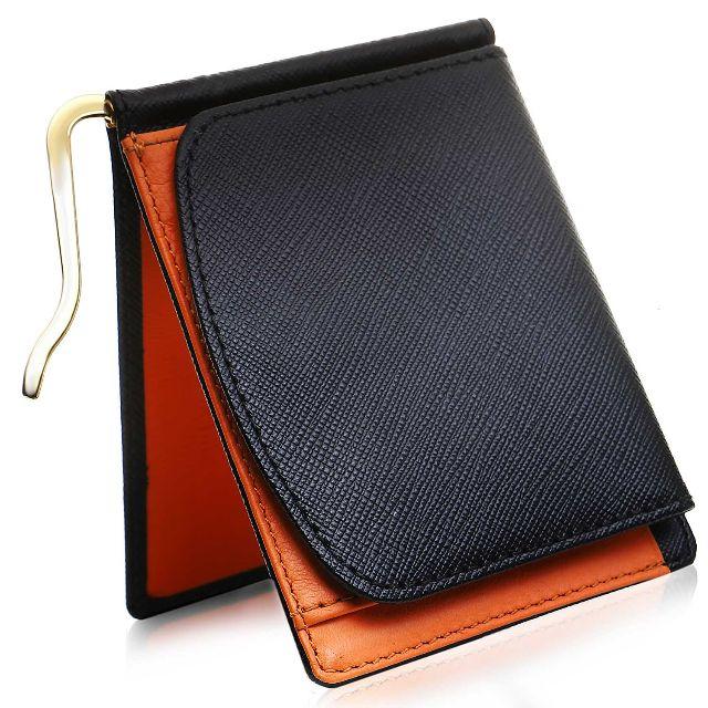 マネークリップ 小銭入れ付き サフィアーノレザー 薄い 財布 二つ折り オレンジ メンズのファッション小物(マネークリップ)の商品写真