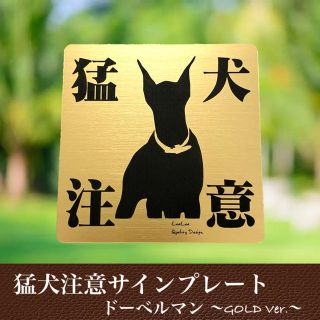 【送料無料】猛犬注意サインプレート(ドーベルマン)GOLDアクリルプレート(店舗用品)