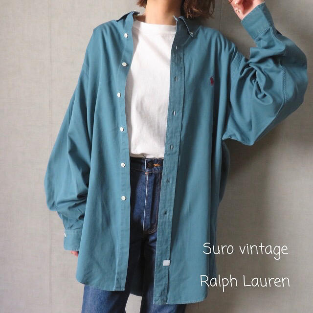 90s ラルフローレン 刺繍ロゴ シャツ ターコイズブルー 女子