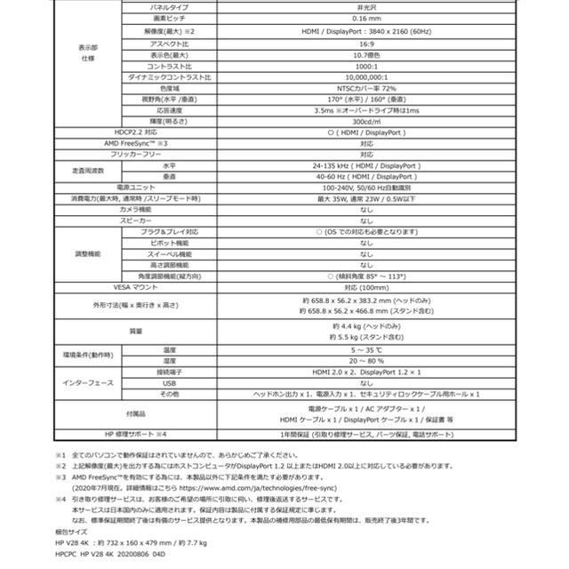 新品未開封 HP V28 4Kモニター ディスプレイ 27.9インチ