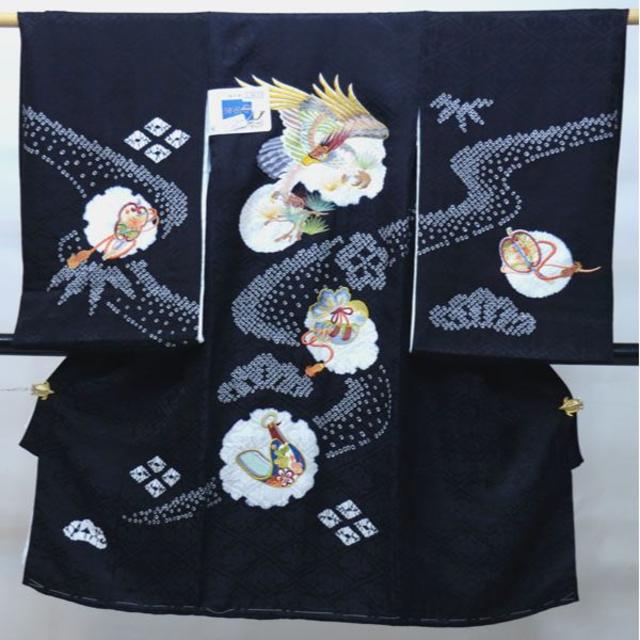 お宮参り 産着 男児 正絹 のしめ 祝着 絞り 総刺繍 黒地 NO33638