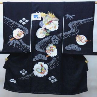 お宮参り 産着 男児 正絹 のしめ 祝着 絞り 総刺繍 黒地 NO33638(お宮参り用品)