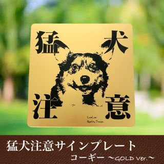 【送料無料】猛犬注意サインプレート(コーギー)GOLDアクリルプレート(店舗用品)