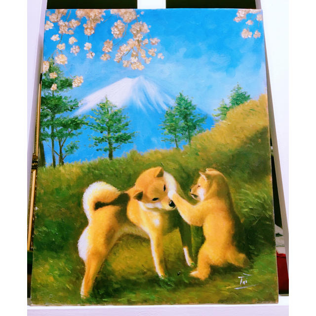 秋山犬　親子　富士山　動物絵　風景画　油絵　絵画　インテリア