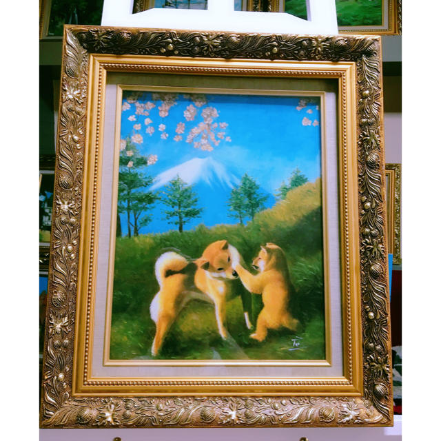 秋山犬　親子　富士山　動物絵　風景画　油絵　絵画　インテリア  エンタメ/ホビーの美術品/アンティーク(絵画/タペストリー)の商品写真