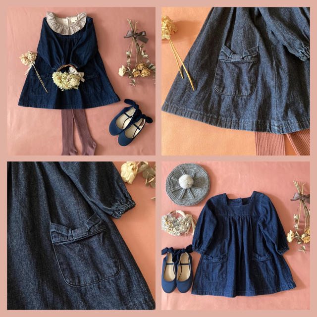 ハンドメイド ⑅・: インディゴ デニムワンピース*̩̩̥୨୧˖ キッズ/ベビー/マタニティのキッズ服女の子用(90cm~)(ワンピース)の商品写真