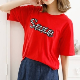 リュリュ(RyuRyu)の新品タグ付き　オーバーサイズＴシャツ　ロゴ入りＴ　ギンガムチェック　赤色　RED(Tシャツ(半袖/袖なし))