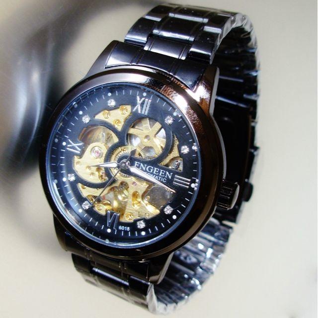 両面 スケルトン 自動巻き 腕時計　トゥールビヨン　ブラック メタル