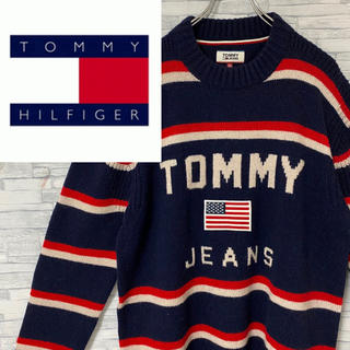 トミーヒルフィガー(TOMMY HILFIGER)のトミージーンズ　ニット・セーター　デカロゴ　星条旗　ネイビー　ゆるダボ　XL(ニット/セーター)