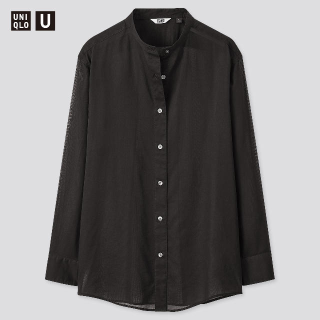 UNIQLO(ユニクロ)の【ぱちこ様専用】UNIQLO U シアーバンドカラーシャツ ブラック M レディースのトップス(シャツ/ブラウス(長袖/七分))の商品写真