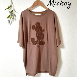 ディズニー(Disney)のミッキーマウス　Tシャツ　刺繍　ブラウン　レディース　メンズ　Lサイズ(Tシャツ(半袖/袖なし))