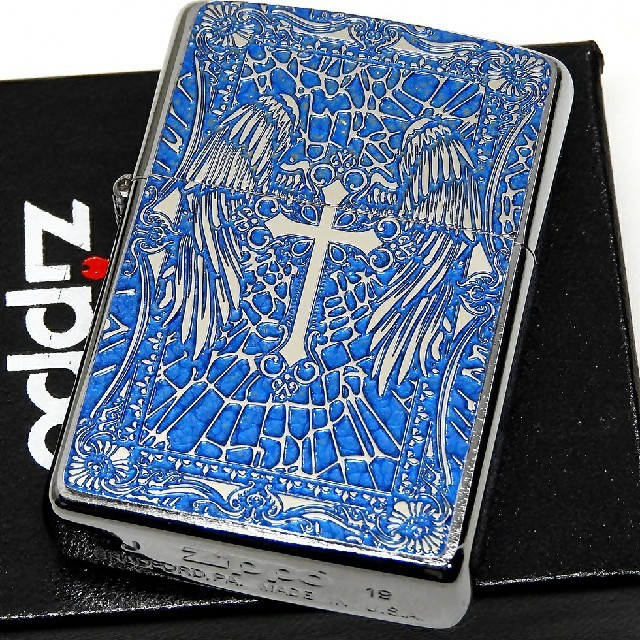 ZIPPO(ジッポー)の送料無料☆zippo☆両面加工☆ウイングクロス☆zippoロゴ☆BL☆ジッポ メンズのファッション小物(タバコグッズ)の商品写真