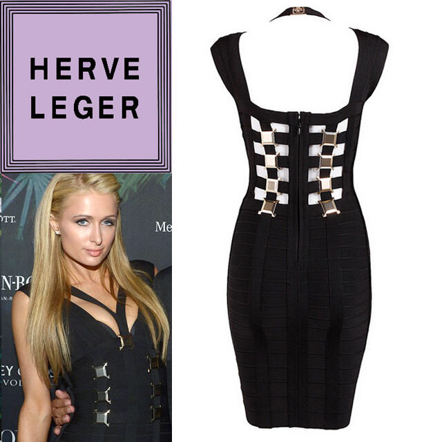 Herve Leger(エルベレジェ)の新品タグ付❤️パリス着♡激渋Black❤️メタルが超カッコいい♡バンデージドレス レディースのワンピース(ミニワンピース)の商品写真