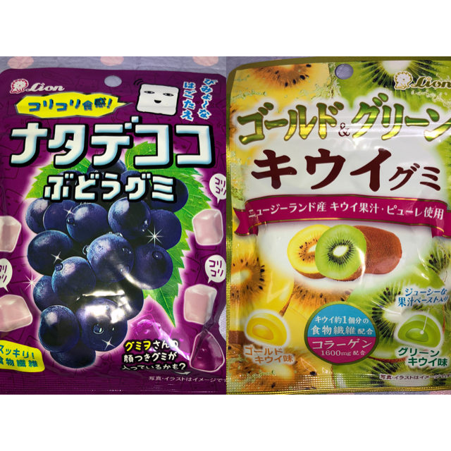 LION(ライオン)のLion ナタデココ ぶどうグミ・ゴールド＆グリーン キウイグミ⭐️ 食品/飲料/酒の食品(菓子/デザート)の商品写真