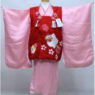 七五三 三歳 女児 被布着物フルセット 正絹 綸子 絞り 柄刺繍 NO33643(和服/着物)