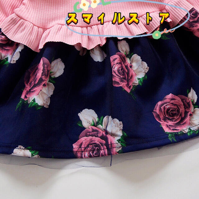 キッズワンピース　花柄チュールスカート　リボン フリル　女の子服ピンク110 キッズ/ベビー/マタニティのキッズ服女の子用(90cm~)(ワンピース)の商品写真