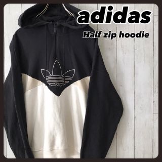 アディダス(adidas)のアディダス　パーカー　白　黒　トレフォイル　ハーフジップ　ボックスシルエット　Ｌ(パーカー)