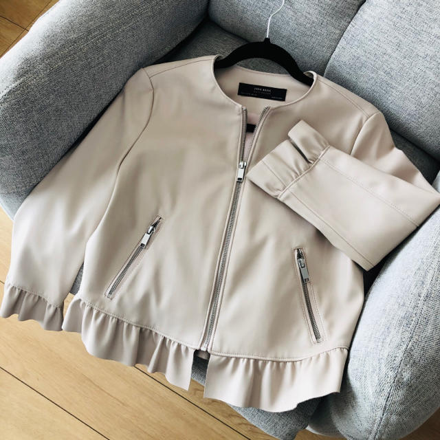 【新品未使用】ZARA 七分袖フリルレザージャケット