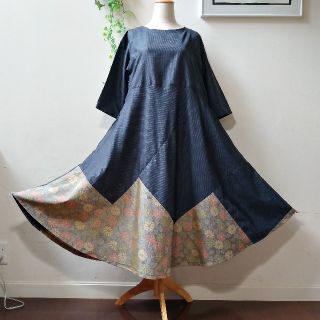 着物リメイクワンピース/M〜L/テントライン/七分袖/ハンドメイド/お花 ...