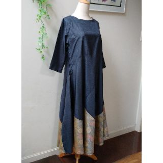 着物リメイクワンピース/M〜L/テントライン/七分袖/ハンドメイド/お花 ...