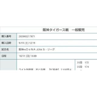 阪神チケット ライト通路側２枚(野球)