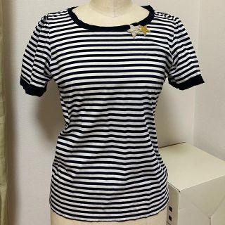 ランバンオンブルー(LANVIN en Bleu)のランバンオンブルー☆ビーズモチーフTシャツ(38)紺ボーダー(Tシャツ(半袖/袖なし))