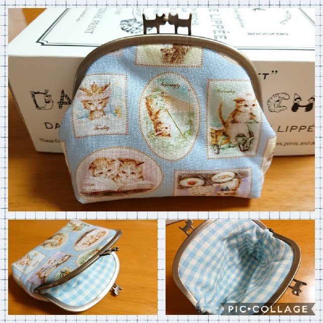 franche lippee(フランシュリッペ)のツマミねこがま口 ポーチ ダイアリー サックス ハンドメイドのファッション小物(ポーチ)の商品写真