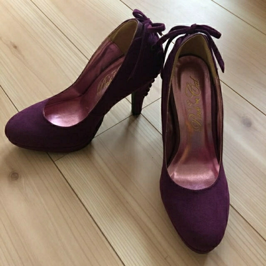 新品！定価3万！上品なベルベット編み上げハイヒールLサイズ！紫色 レディースの靴/シューズ(ハイヒール/パンプス)の商品写真