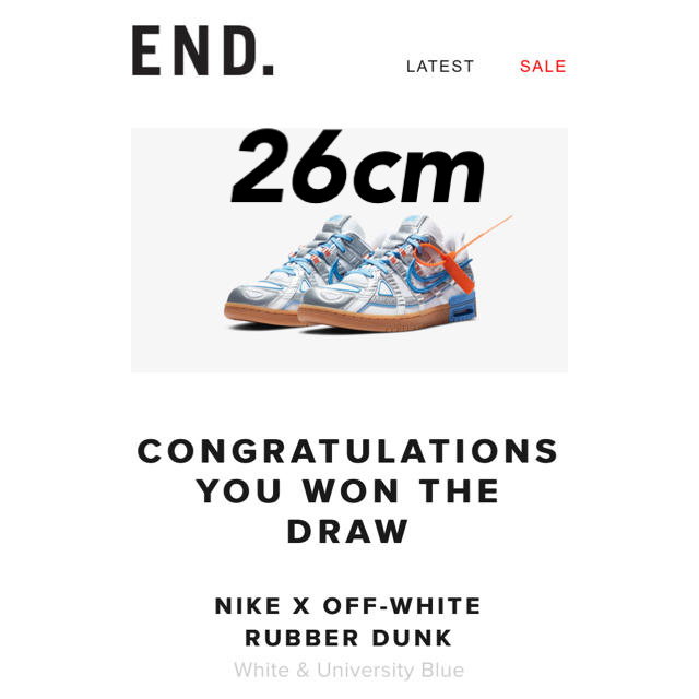 END.当選　NIKE × OFF-WHITE RUBBER DUNK 26cm