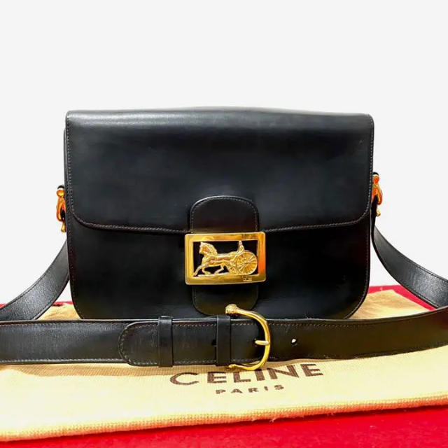 感謝価格】 美品 - celine 極上 ネイビー 金具 馬車 ショルダーバッグ