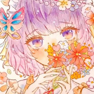 手描きオリジナルイラスト　花束とかわいいロリータドレスの女の子イラスト　中色紙