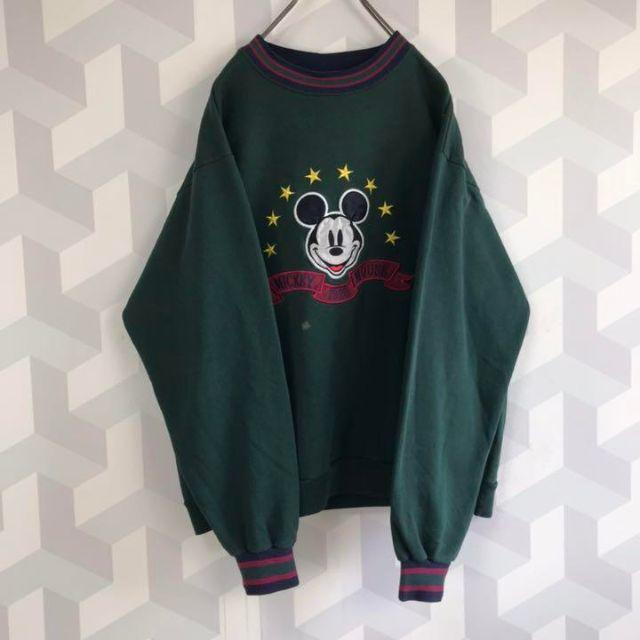 Disney(ディズニー)の【90s】ミッキー 刺繍 スウェット トレーナー 緑色 メンズM〜L 古着女子 メンズのトップス(スウェット)の商品写真