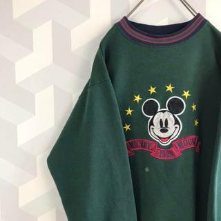 ディズニー(Disney)の【90s】ミッキー 刺繍 スウェット トレーナー 緑色 メンズM〜L 古着女子(スウェット)