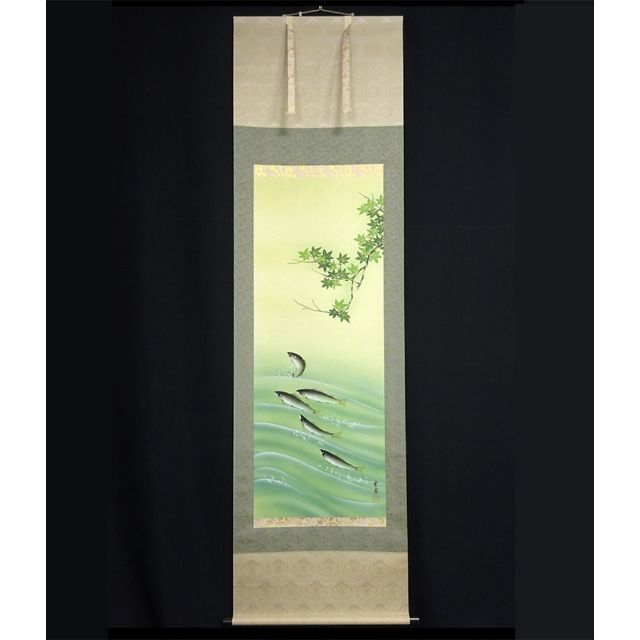 掛軸 河田雲鳳『楓に鮎図』絹本 共箱付 掛け軸 a060112 - 絵画