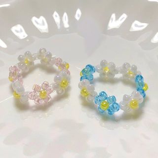 ピンク　ブルー　ビーズリング　비즈반지　ハンドメイド(リング)