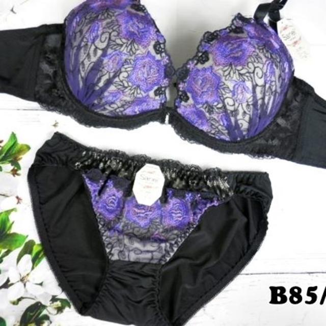 SE16★B85 LL★美胸ブラ ショーツ 谷間メイク ローズ 高級 黒/紫 レディースの下着/アンダーウェア(ブラ&ショーツセット)の商品写真