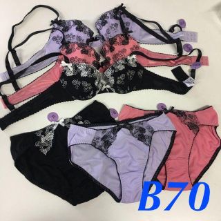 【SALE品】線画調刺繍花柄ブラショーツ3セット B70 M(ブラ&ショーツセット)