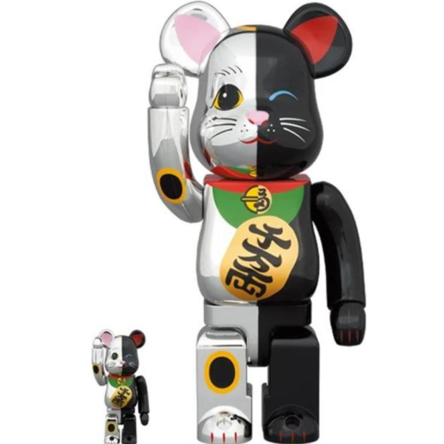 その他BE@RBRICK 招き猫 銀×黒 100％ & 400％