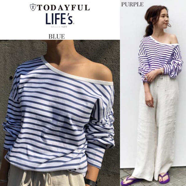 TODAYFUL(トゥデイフル)のTODAYFULトゥデイフル　ワンショルダーボーダートップス　美品 レディースのトップス(カットソー(長袖/七分))の商品写真