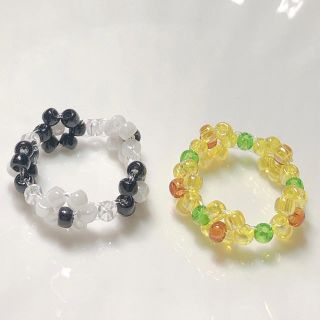 モノトーン　ひまわり　ビーズリング　비즈반지　ハンドメイド(リング)