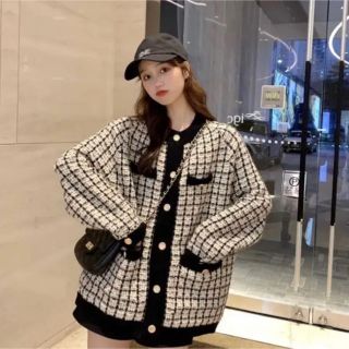 ザラ(ZARA)の韓国風 チェック ツイード カーディガン(カーディガン)