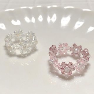 クリア　ピンクパープル　ビーズリング　비즈반지　ハンドメイド(リング)