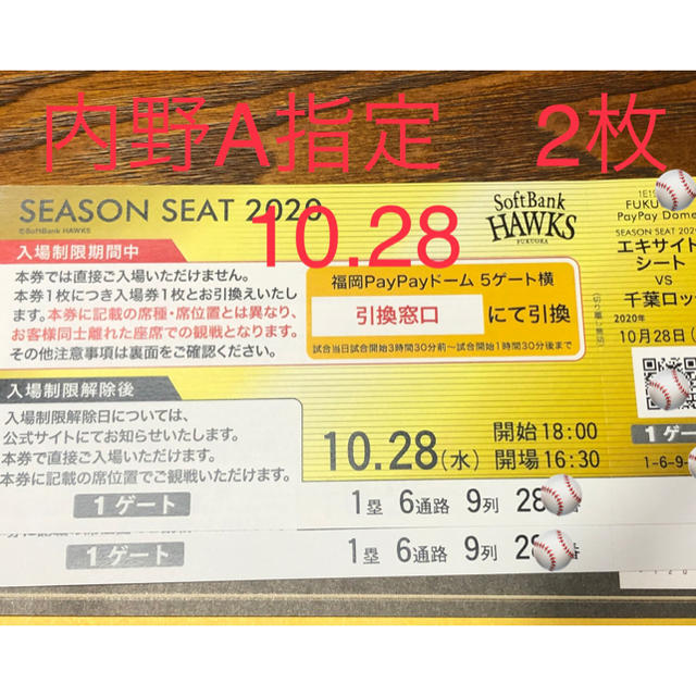 10月28日(水)福岡ソフトバンクホークス対ロッテ　(2枚)