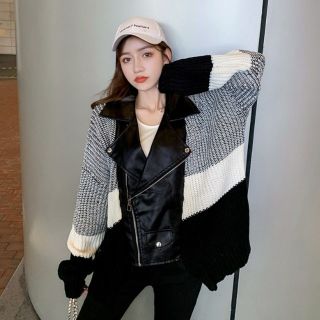 ザラ(ZARA)のレディース 新品 未着用 ニットフェイクレザージャケット 革ジャン 秋冬 B(ライダースジャケット)