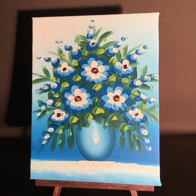 手書き油絵 花瓶の空想花 ブルー 絵画 インテリア 置物 油彩画 | フリマアプリ ラクマ