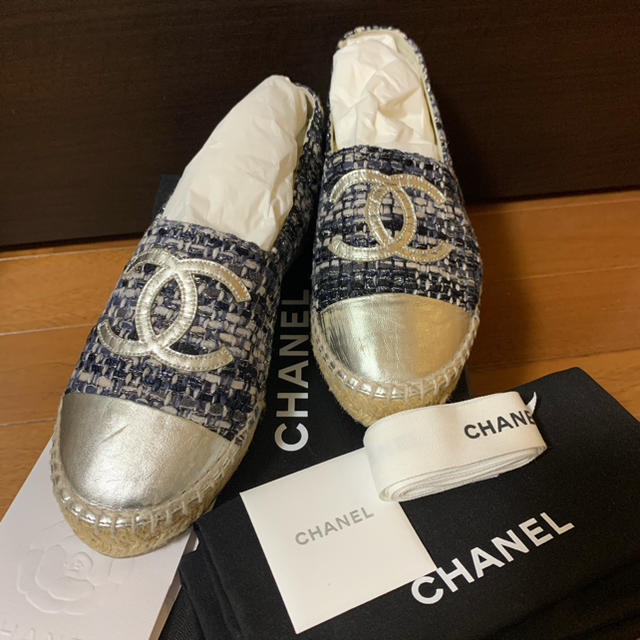 CHANEL エスパドリーユ ツイード ネイビー 37-