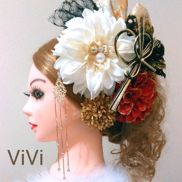 髪飾りViVi ～白黒赤金・華やかゴージャス～ 成人式 結婚式 花魁 かんざしのサムネイル