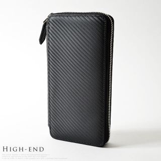 送料無料 メンズ 長財布 新品 ブラック カーボンレザー 本革 ラウンドジップ(長財布)