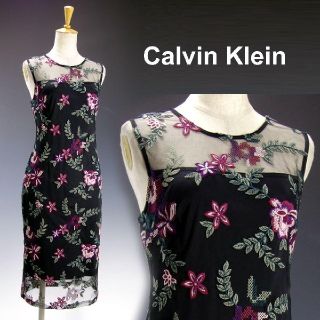 カルバンクライン(Calvin Klein)の新品 Calvin Klein ピンク花刺繍 カクテル美人ドレスワンピースUS8(ひざ丈ワンピース)