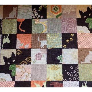 QUILT GATE猫柄生地☆朱色・茶色系市松☆キルトゲイト(約110㎝幅×90(生地/糸)